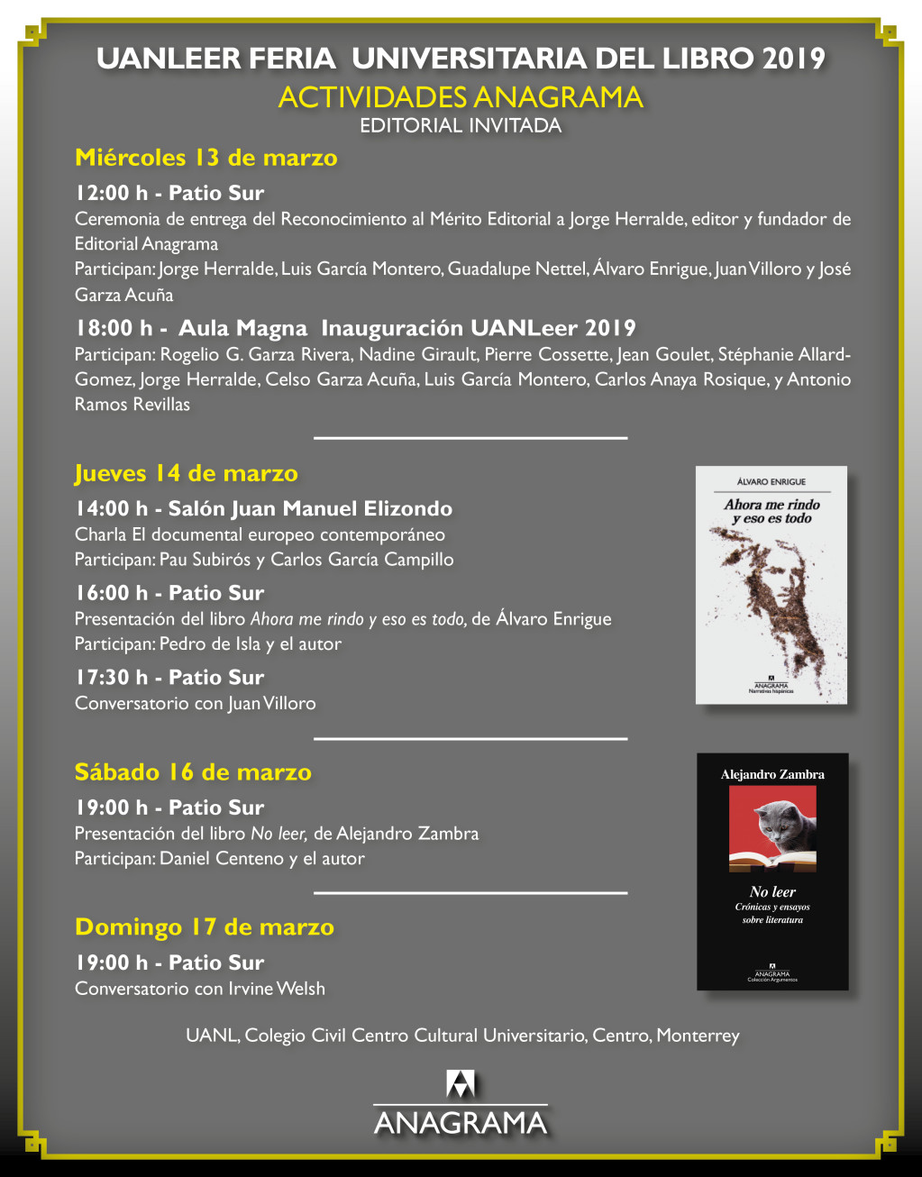 Anagrama, editorial invitada en la UANLeer Feria Universitaria del Libro 2019
